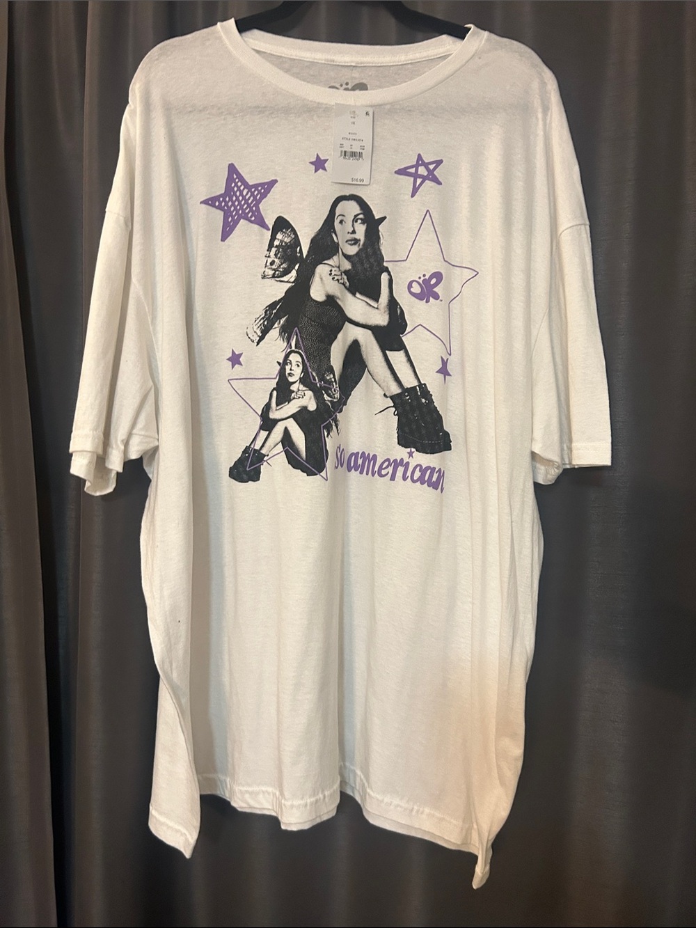 White Graphic Short Sleeve Tee with Purple Print